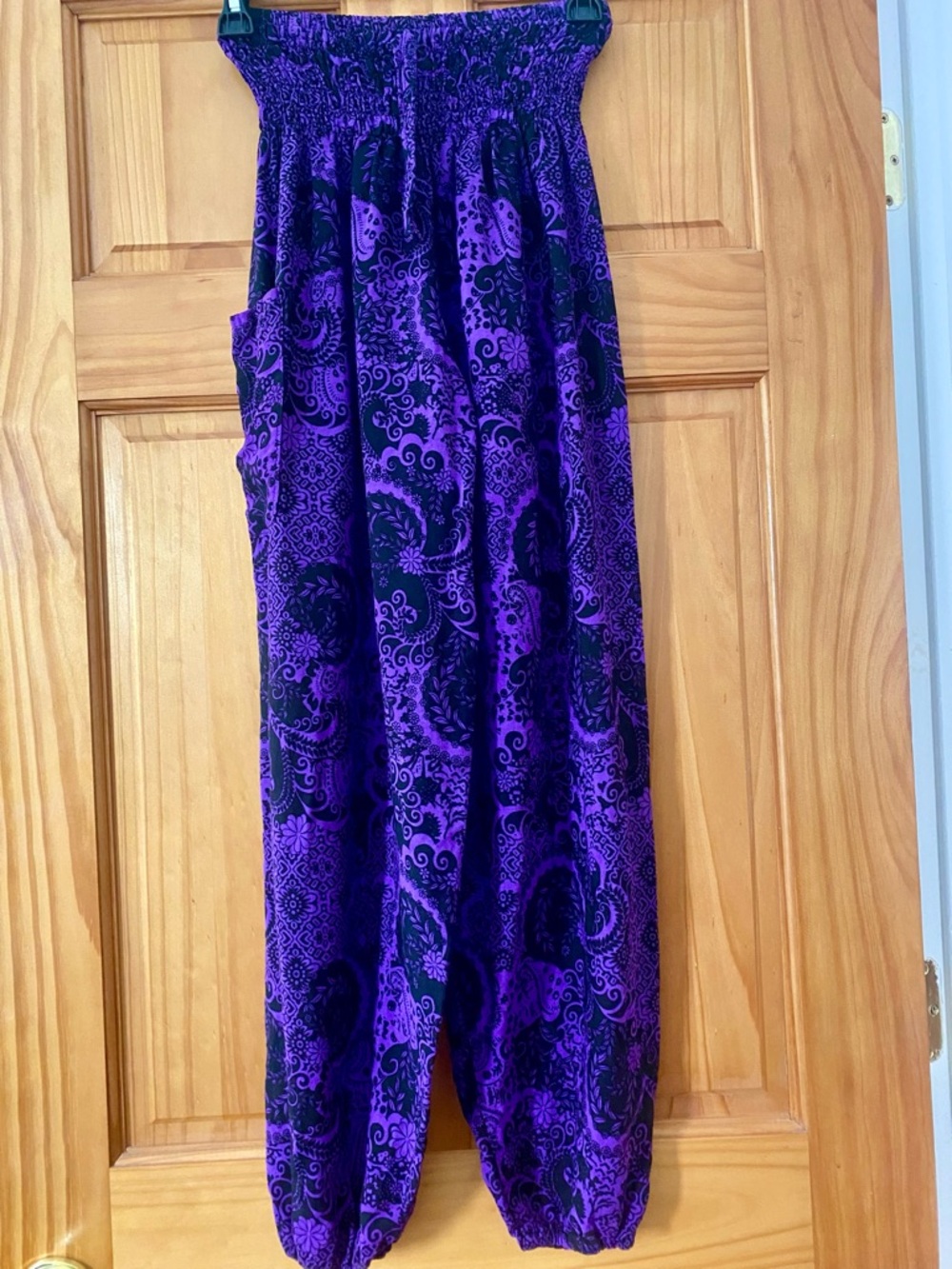 Yoa Purple Black Paisley Harem Pants Boho Festival Smocked Waist Cotton Jogger